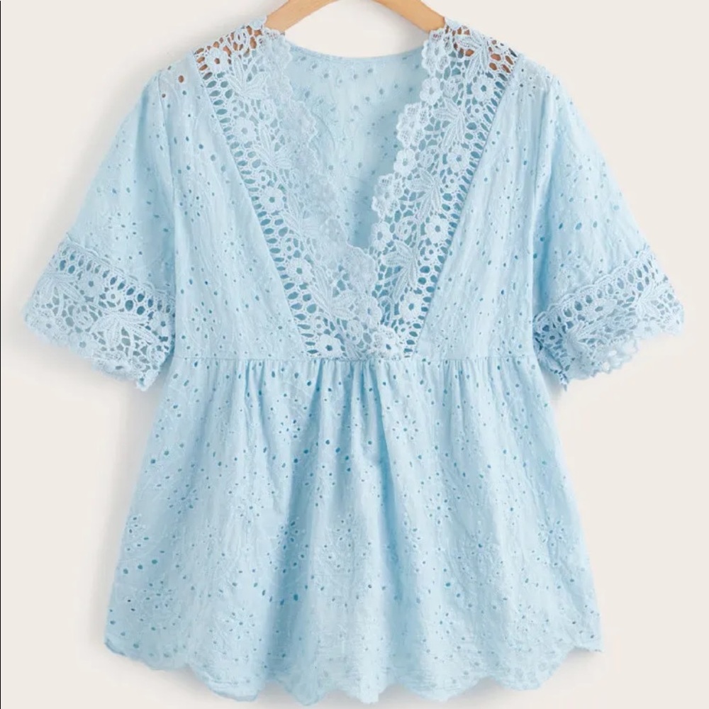 Eyelet embroidery lace panel smock blouse